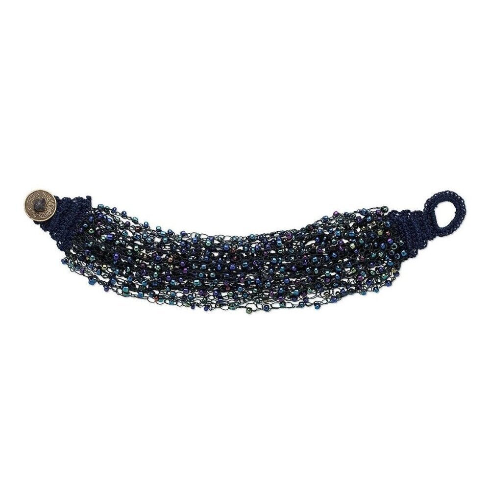 Handcrafted Woven Iris Blue Oil Slick Beaded Glass Bracelet with Coin Clasp